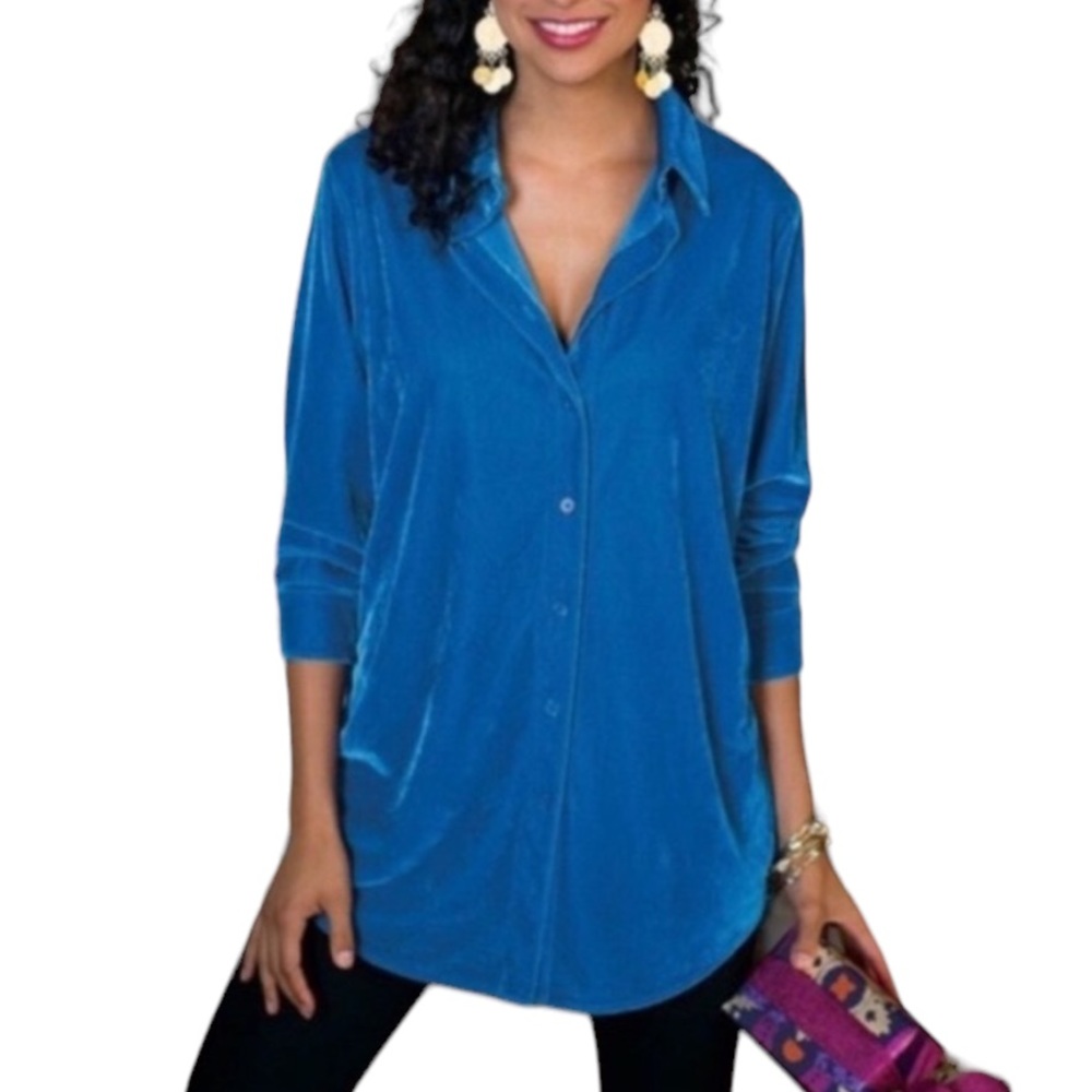Soft Surroundings Velvet Boyfriend Shirt PXS Blue Button Down Blouse Teal